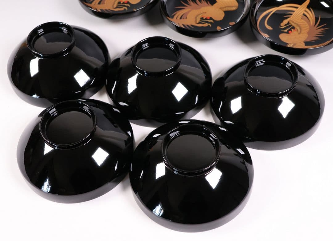 【CM402】天然木漆塗 菊桐鳳凰金蒔絵 黒塗 吸物椀 五客 昭和期 木製漆器