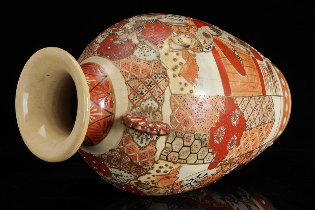 九谷焼 古九谷 赤絵金彩人物図双耳花瓶 飾壺 29㎝ 共箱 時代 古美術 骨董品