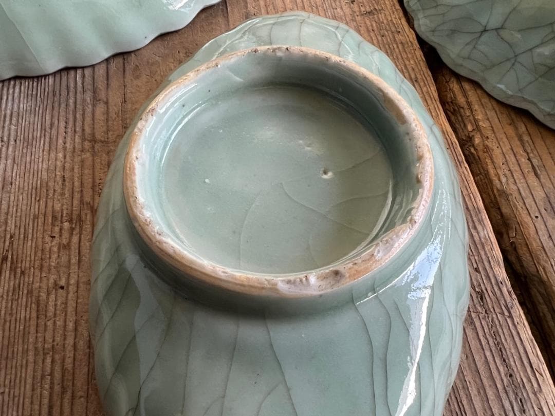 品番　t-0398 青磁葉型長皿　5枚set　古伊万里　アンティーク　古陶磁器