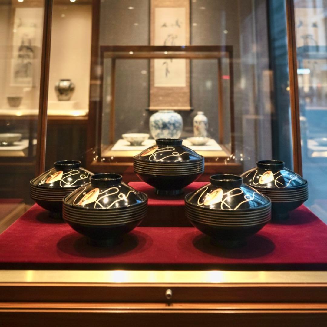 【時代物】金沢漆器 能作謹製 独楽蒔絵 千筋吸物椀×5客セット縁起物 民藝